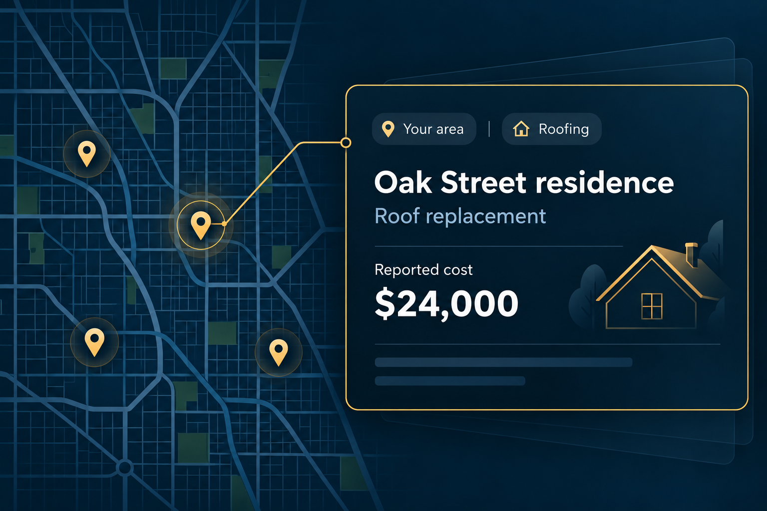 Illustration of a fictional city map and a sample roofing permit with reported cost